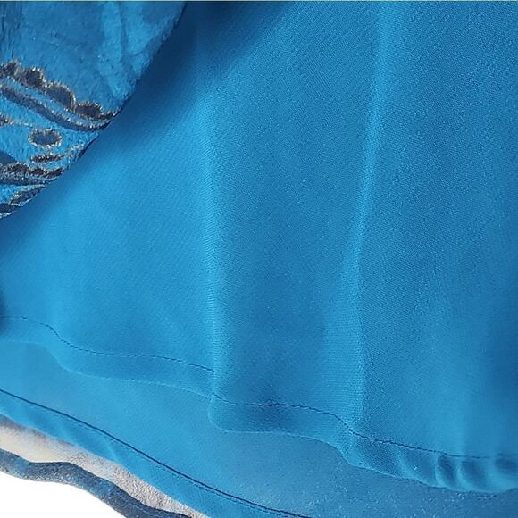 New York City M NavyUsafaBlue 100% SILK Bell Slv Lined Collar Women Blouse - Picture 7 of 12